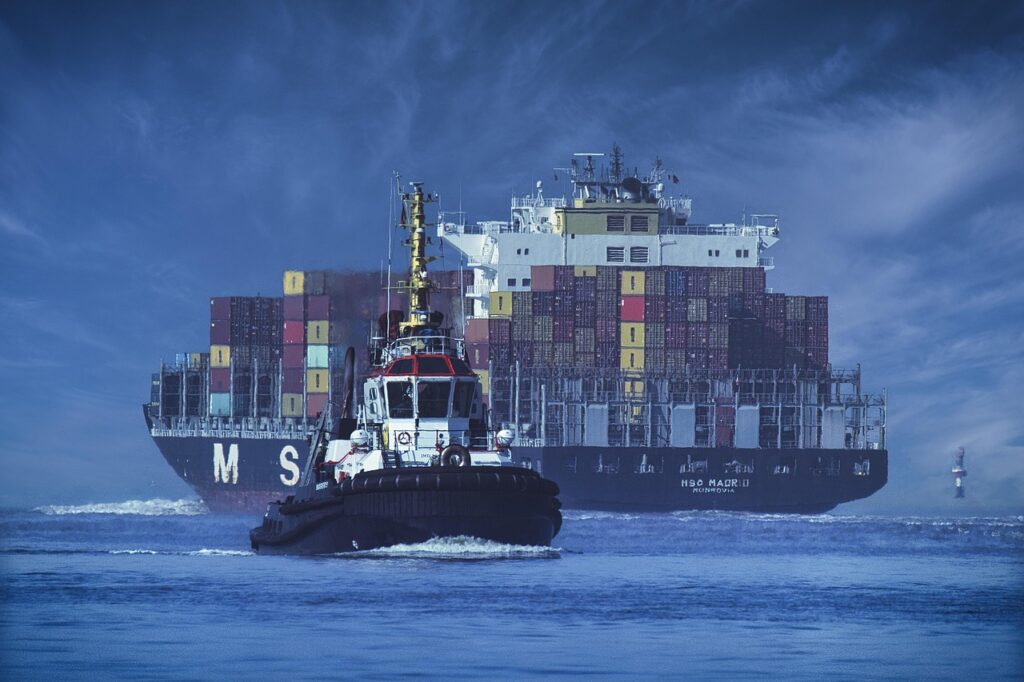 ship, container ship, tractor, seafaring, shipping, container, logistics, freight-6794508.jpg